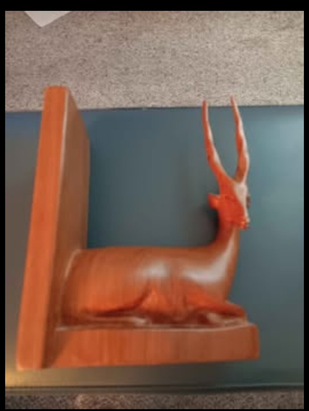 Vintage teak hand-carved wooden antelope or gazelle bookend Mid-Century African